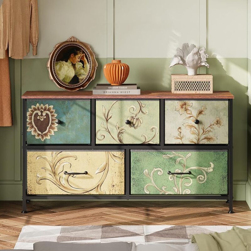 Dans Les Nuages - Commode 100 cm, rectangulaire, bohème, avec 5 tiroirs de rangement, plateau en bois, Vintage, cadre en métal, meubles de salon en