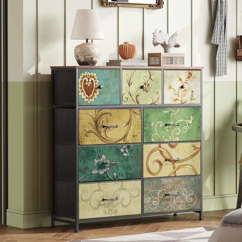 Dans Les Nuages - Commode 100 cm, rectangulaire, bohème, avec 9 tiroirs de rangement, plateau en bois, Vintage, cadre en métal, meubles de salon en