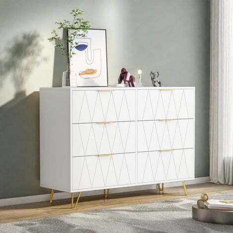 Commode 100x34x72.5 cm, Buffet Blanc avec 6 Tiroirs, Meuble de Rangement avec Poignées et Pieds en Métal pour Chambre, Salon, Bureau