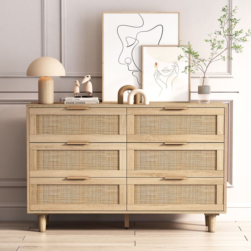 Dans Les Nuages - Commode 110 cm, 6 tiroirs en rotin, étagères, poignées en Métal, anti-basculement, armoire de salon chambre de rangement - Marron