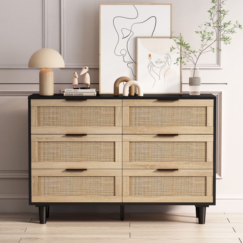Dans Les Nuages - Commode 110 cm, 6 tiroirs en rotin, étagères, poignées en Métal, anti-basculement, armoire de salon chambre de rangement - Noir