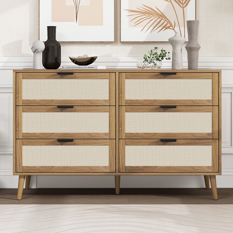 Commode 118.5cm, rectangulaire, avec 6 tiroirs en polyrotin, rangement, pieds en bois de pin, campagnard, meubles de salon en bois - naturel