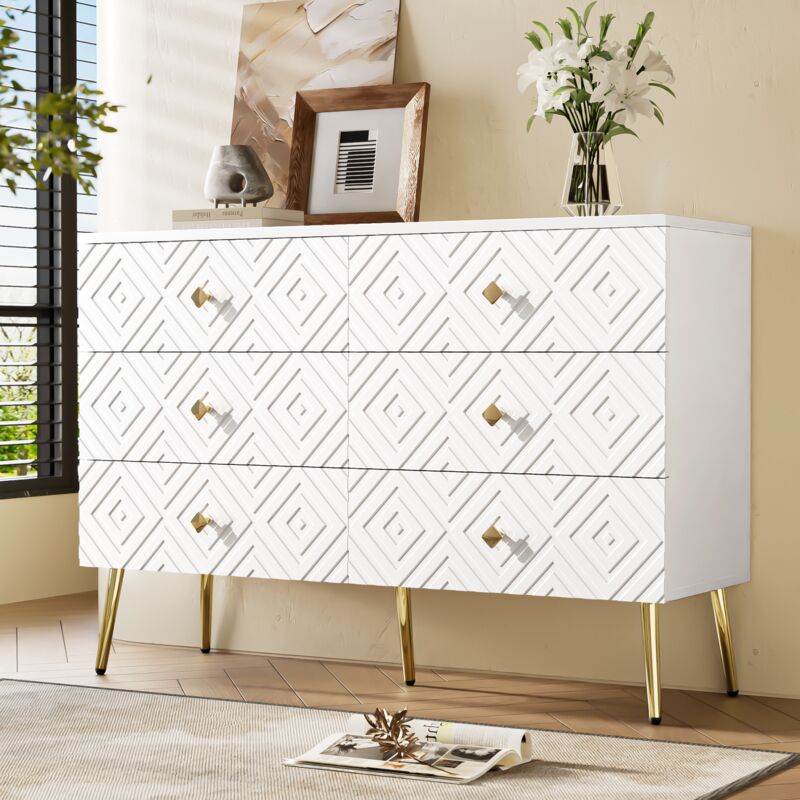 Commode 120 cm - 6 tiroirs avec poignées en métal, style moderne, meuble de rangement pour salon et chambre - Blanc