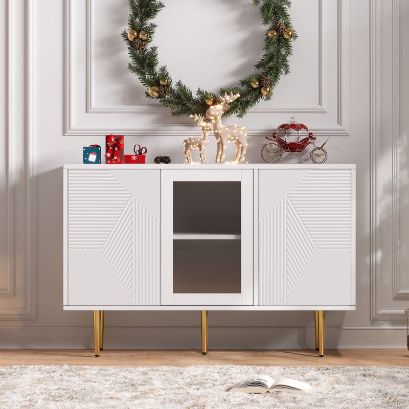 Tanant - Commode 120 cm avec 3 portes, commode de chambre avec pieds en métal et portes en verre, motif texturé, convient pour le salon, la chambre