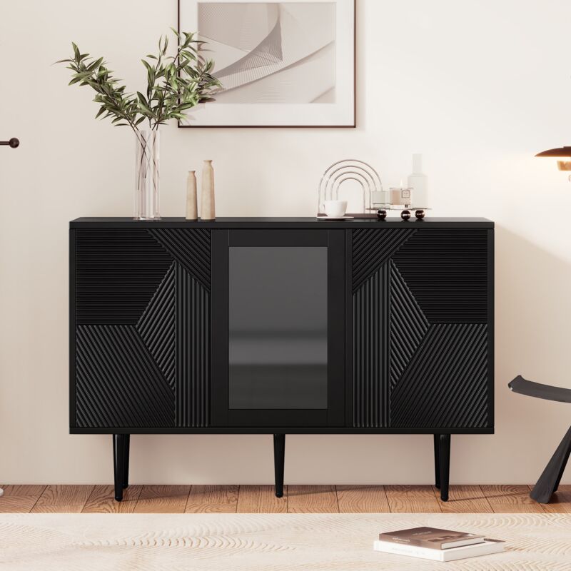 Tanant - Commode 120 cm avec 3 portes, commode de chambre avec pieds en métal et portes en verre, motif texturé, convient pour le salon, la chambre