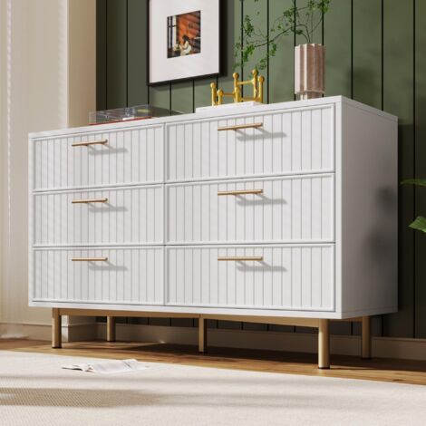 Commode 120 cm, avec 6 tiroirs en Bois, Pieds et poignées en métal, style scandinave, Buffet - Blanc