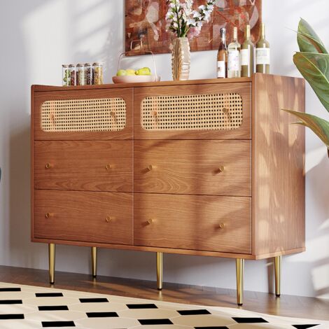 Commode 120 cm, avec 6 tiroirs en rotin, poignées en métal, adaptée pour chambre, salon, bureau, style campagnard, Buffet - marron