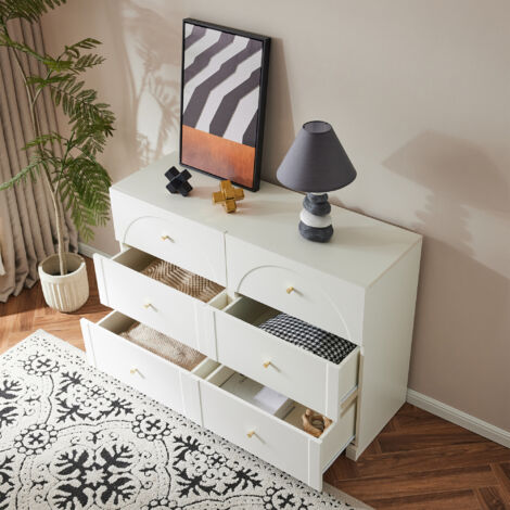 Commode 120 x 40 x 82 cm avec 6 tiroirs, buffet, meuble de rangement polyvalent, panneau d'aggloméré, blanc
