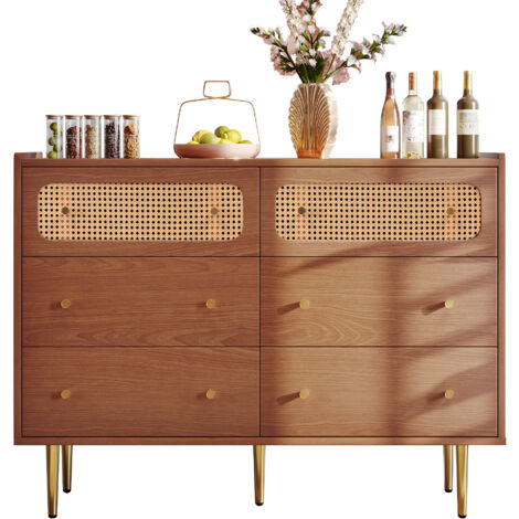 Commode 120×40×90 cm Moderne En Noyer Avec 6 Tiroirs En Rotin, Buffet Haut Pour Chambre Et Salon