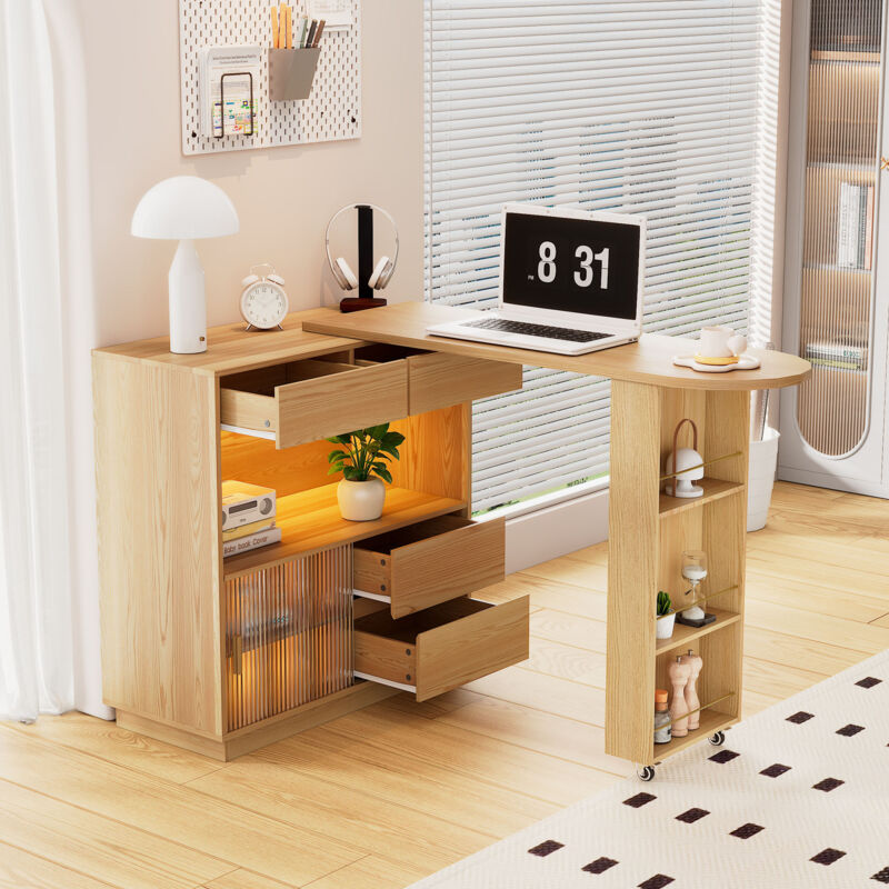 Commode, 120,7x45x94,8 cm, buffet, avec bar rotatif, 4 tiroirs, led, mdf, naturel