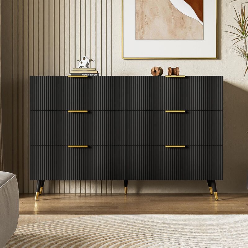 Commode 120cm, rectangulaire, avec 6 tiroirs de rangement, poignées et pieds métal, campagnard, meubles de salon en bois - Noir