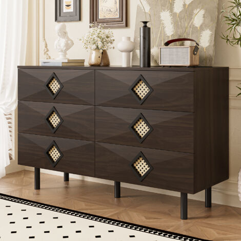 Commode 120x40x74 cm - avec 6 tiroirs et poignées en rotin - Noyer - MDF