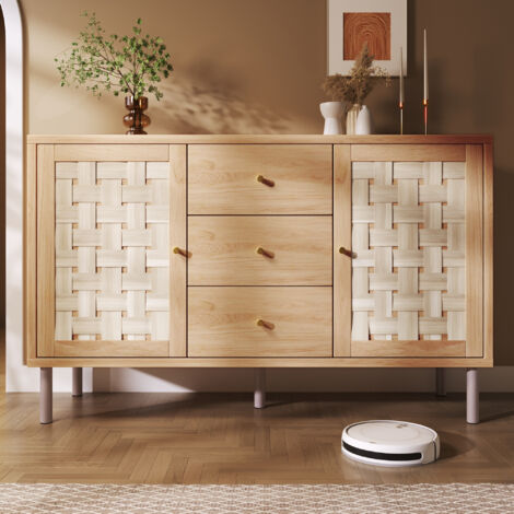 Commode 120x40x75 cm avec 2 portes, 3 tiroirs et étagères réglables, pieds en métal, bois coloris chêne