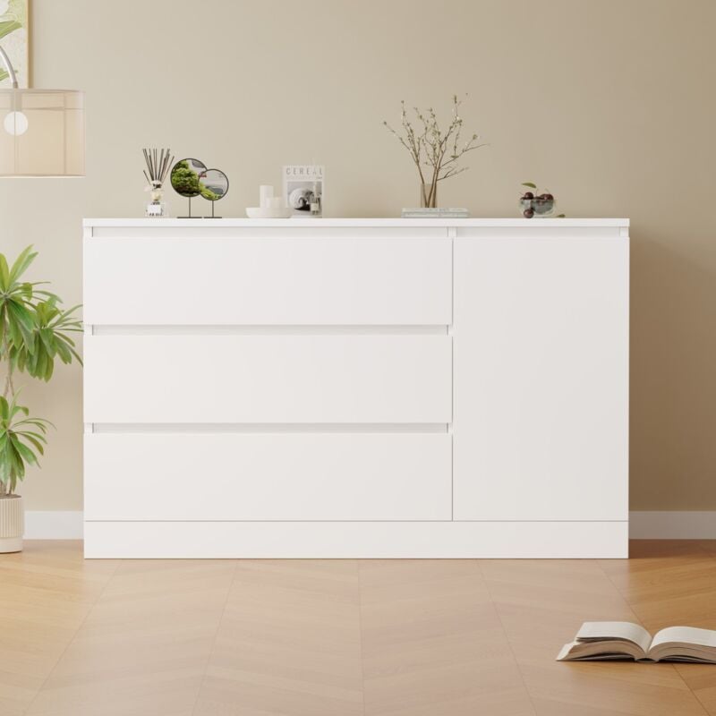 Commode 120x40x75 cm, avec 4 tiroirs, 1 porte de placard, rangement caché, convient pour salon et couloir - Blanc