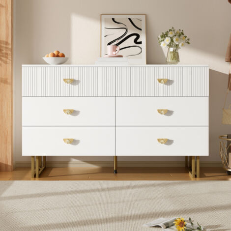Commode 120x40x75 cm avec 6 tiroirs et poignées dorées, en MDF, blanc