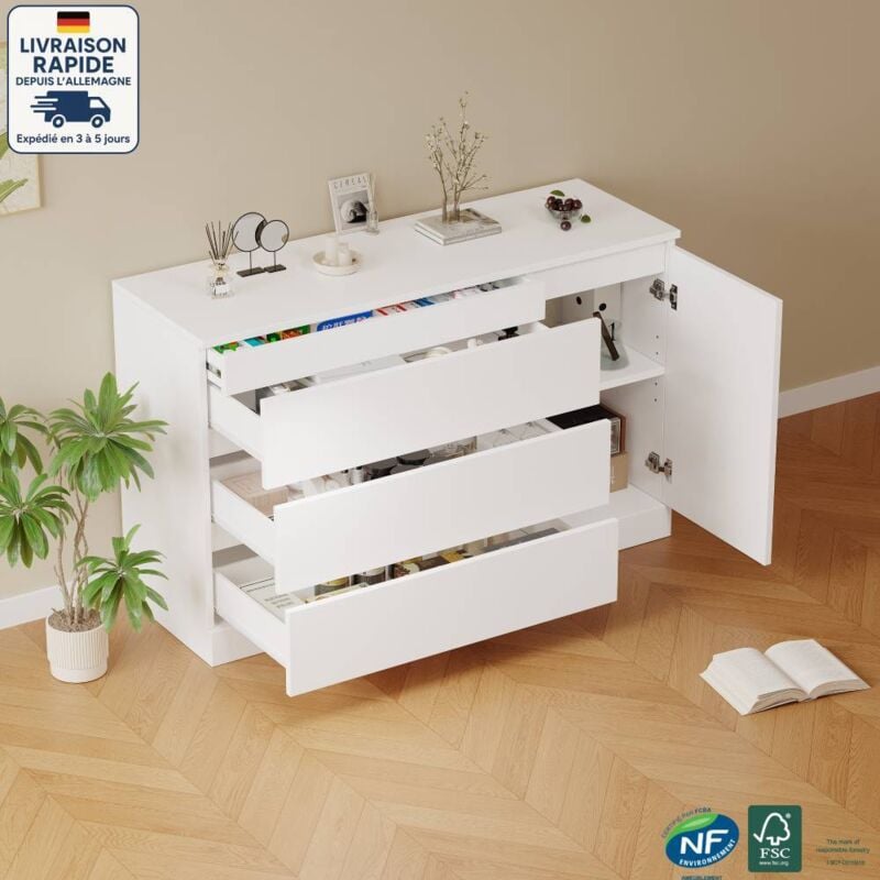 Commode 120x40x75cm Buffets, meuble de cuisine, 4 tiroirs 1 porte, mdf + aggloméré, blanc