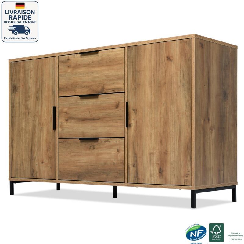 Commode 120x40x76 cm avec 3 tiroirs 2 portes, buffet, meuble de cuisine, étagères réglables, aggloméré, naturel