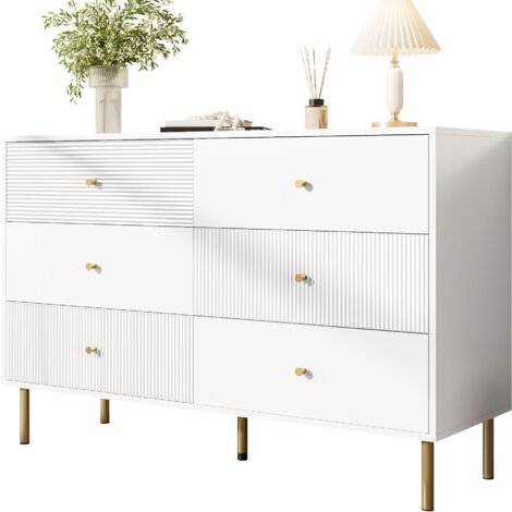 Commode 120x40x78 cm blanc 6 tiroirs poignées zinc pieds acier rangement salon chambre entrée