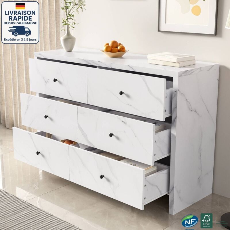 Commode 120x40x80cm avec 6 tiroirs, buffet, meuble de cuisine, effet marbre, aggloméré, blanc