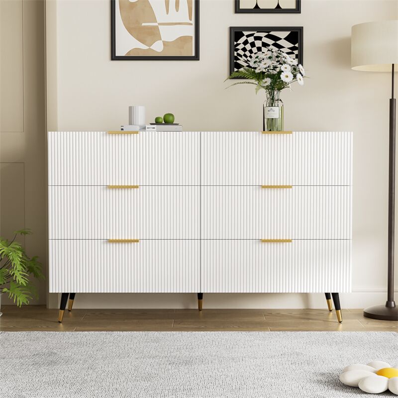 Commode 120x77x40cm - Commode à 6 tiroirs avec poignées dorées, armoire de rangement - élégant au design moderne - Blanc