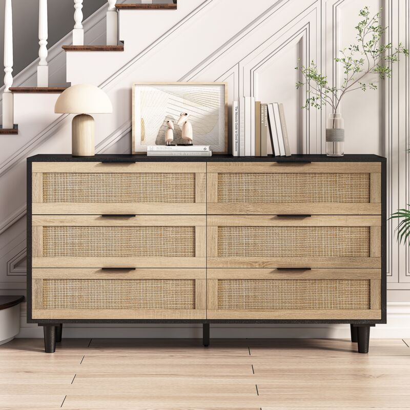 Dans Les Nuages - Commode 130 cm, 6 tiroirs en rotin, étagères, poignées en Métal, anti-basculement, armoire de salon chambre de rangement - Noir