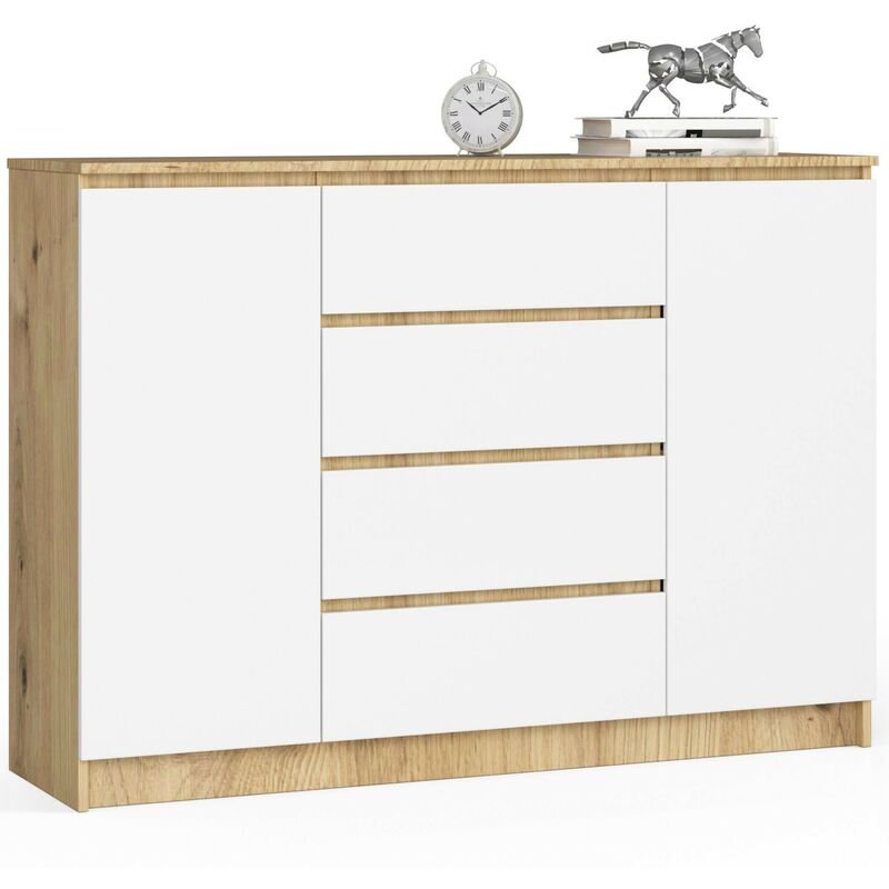 Commode Akord K140 Chêne Artisan 138 cm 2 portes 4 tiroirs façade Blanche 4 étagères 138x40x99 cm