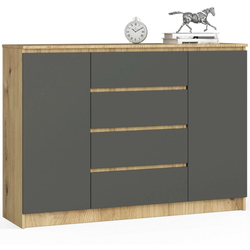 Commode Akord K140 Chêne Artisan 138 cm 2 portes 4 tiroirs façade Gris Graphite 4 étagères 138x40x99 cm