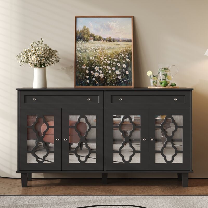 Dans Les Nuages - Commode 140 cm, rectangulaire, avec 4 portes de miroir, 2 tiroirs de rangement, poignées en cristal, étagères ajustables, meubles