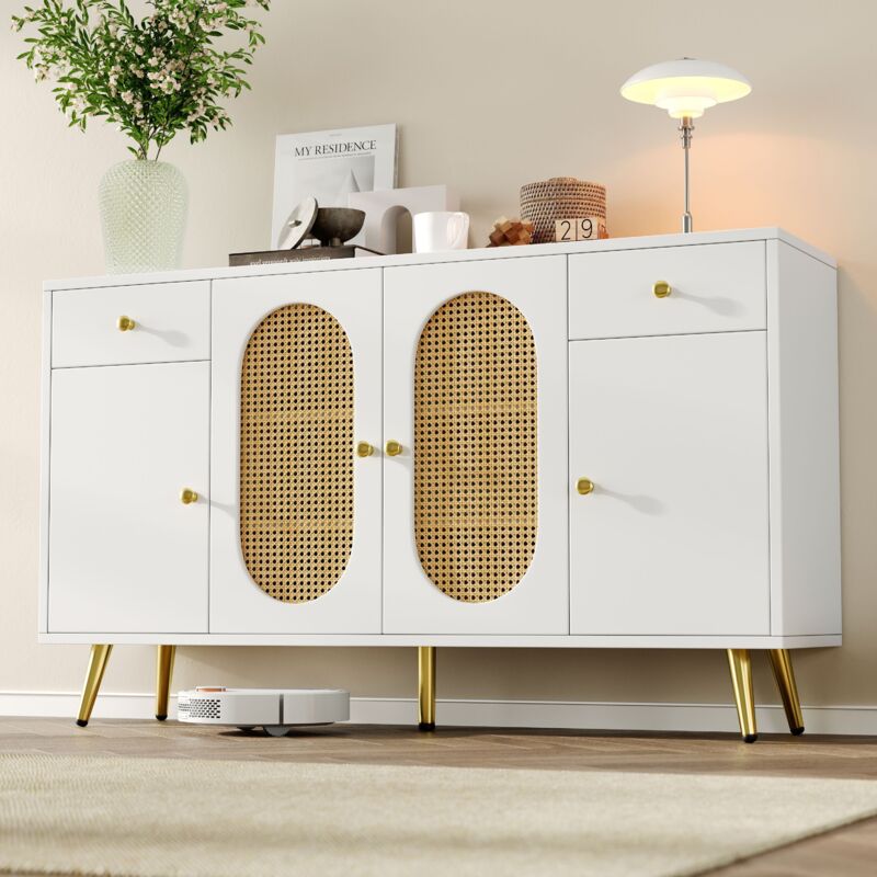 Commode 140 cm, style scandinave, avec 2 tiroirs et 4 portes, étagères réglables en hauteur, poignées et pieds dorés, meuble de rangement pour salon