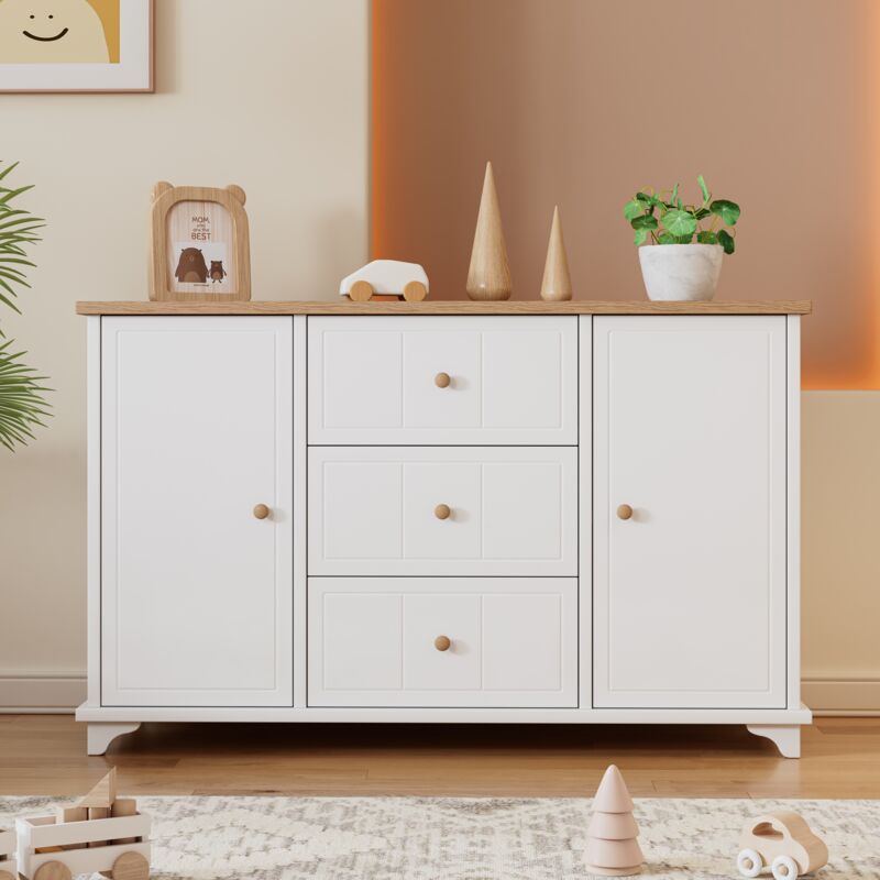 Commode 140 cm, avec 3 tiroirs, 2 portes, lignes de diamant, poignées en bois, style classique, armoire de salon chambre de rangement - Blanc