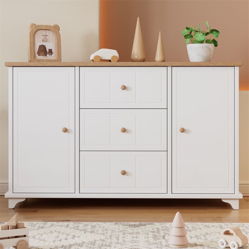 Commode 140cm, avec 3 tiroirs et 2 portes avec poignées naturelles, mdf + aggloméré, 140x45x84 cm, adaptée pour salon et chambre - Blanc
