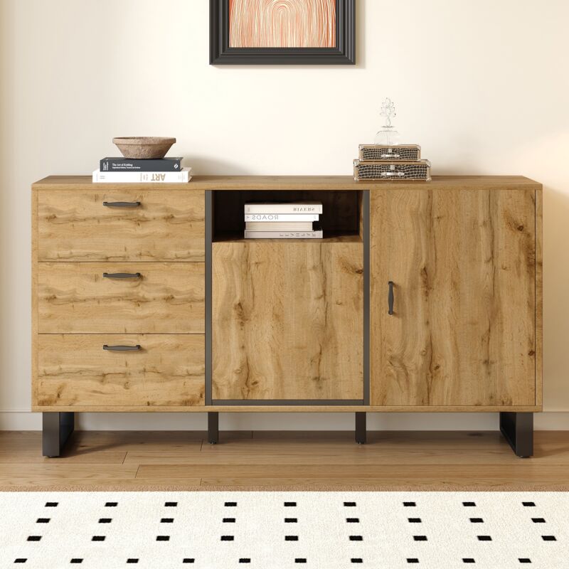 Commode 150 cm, rectangulaire, avec 2 portes, 3 tiroirs de rangement, poignées en métal, d’accents noirs, scandinave, meubles de salon en bois