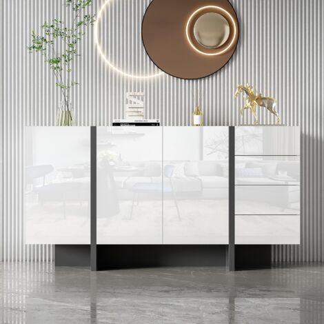 Commode 150 cm, rectangulaire, avec 2 portes, 4 tiroirs de rangement, brillant, étagères, portes, moderne, meubles de salon en bois - Blanc