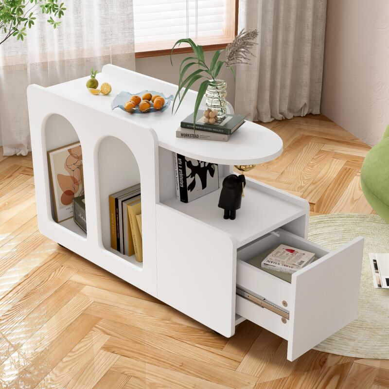 Dans Les Nuages - Commode 150 cm, rectangulaire, avec tiroirs de rangement, design en arc, roulettes, meubles de salon en bois - Blanc