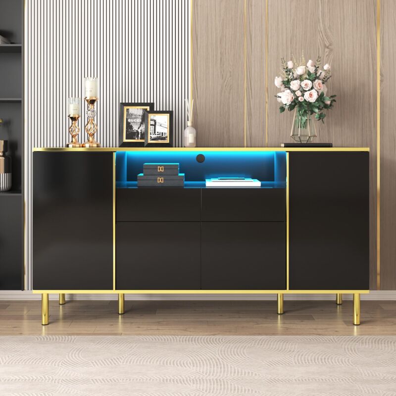 Commode 150 cm, avec éclairage led, 4 portes, 2 tiroirs, 2 étagères réglable, cadre doré, laqué brillant, style Moderne, Bahut - Noir