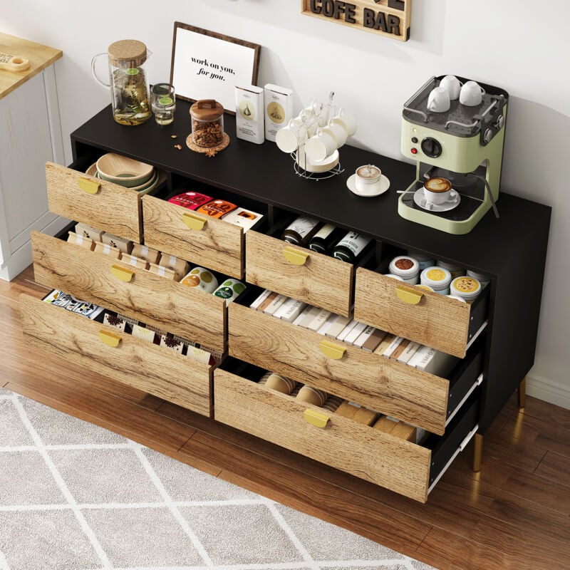 Commode 150x40x78cm avec 8 tiroirs, buffet, meuble de cuisine, poignées dorées, mdf, noir et naturel