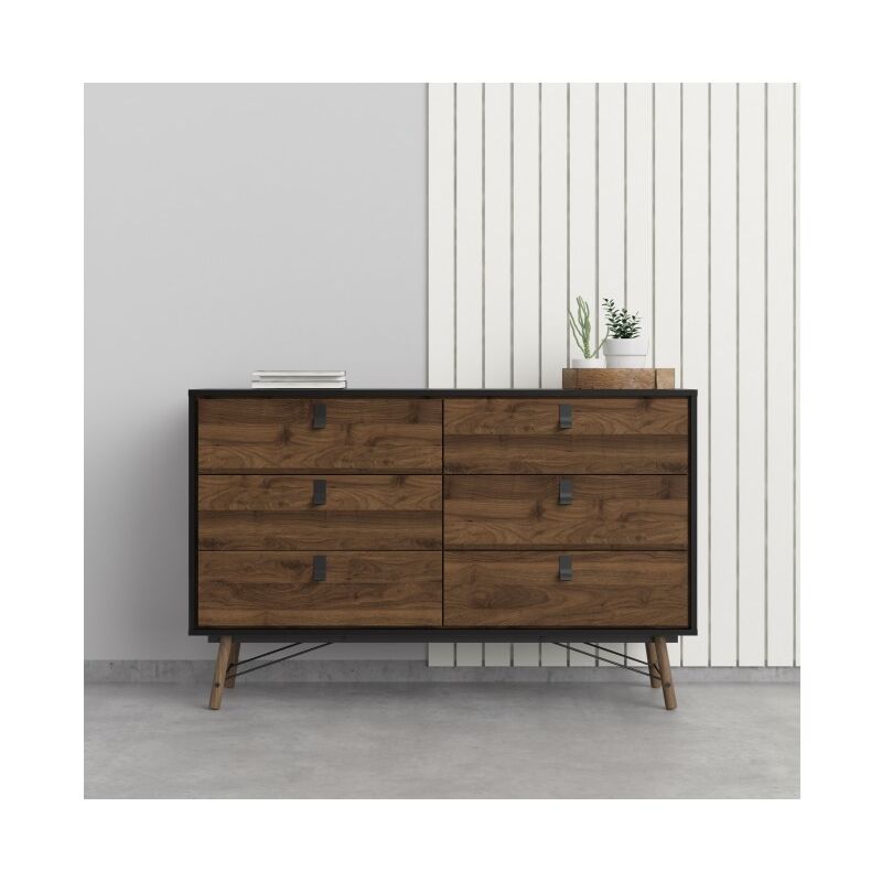 Commode 150xH95 cm Noir mat et Noyer avec 6 tiroirs | Noir et Noyer