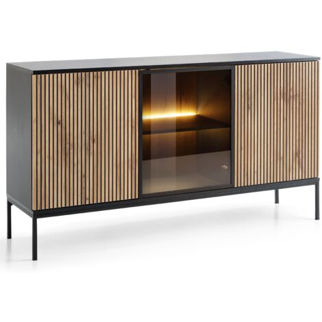Commode 154 cm Haller - Pieds en bois, 3 portes, Buffet avec lamelles - Eclairage LED - Style loft (Wotan / Noir)