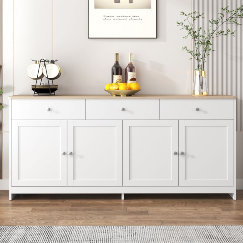 Commode 160 cm, avec 3 tiroirs, 4 portes, 2 étagères réglables, style campagne, armoire de salon chambre de rangement en bois - Blanc