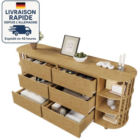 Commode 160cm - avec 6 tiroirs de rangement - Chêne - Design romain - avec colonnes et étagères en bambou - Bois Certifié PEFC