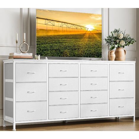 Commode, 160cm Commode de Chambre à Coucher 14 Tiroirs en Tissu, Meuble TV, Téléviseur, Meuble de Rangement pour Chambre d'enfants,Chambre à Coucher, Armoire, Salon, Couloir, Blanc