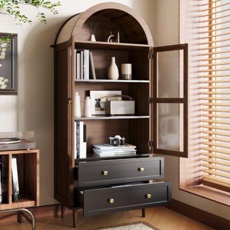 NMONET Commode 170 cm hauteur style rétro, avec étagères réglables et 2 portes en verre incurvé, 2 tiroirs de rangement - Meuble pour salon en couleur noyer