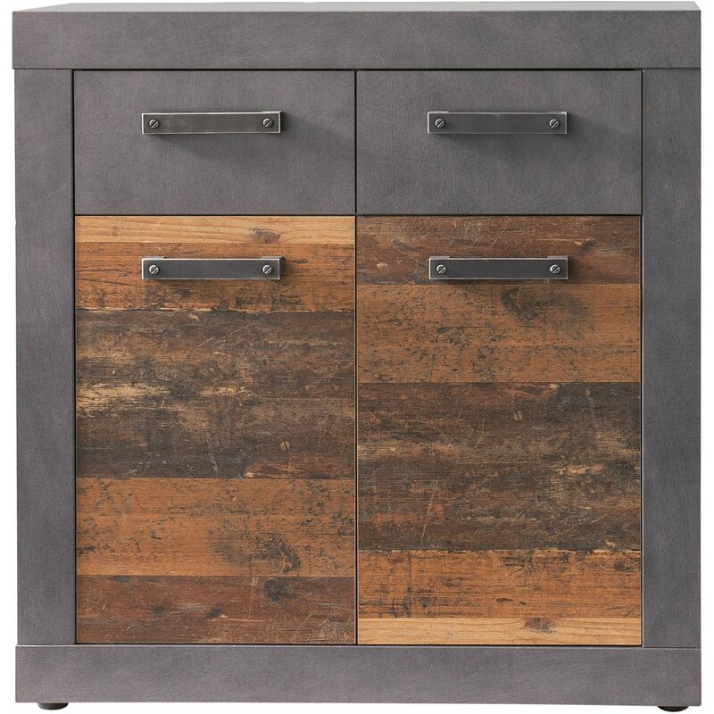 Trend Team - indy - Meuble chambre. Commode avec 2 tiroirs en mélaminé coloris gris ciment portes bois effet vieilli . l - h - p : 82 / 86 / 37cm.