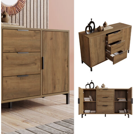 Commode 2 portes 3 tiroirs, meuble rangement bois, buffet chambre salon chêne foncé 120x40x76 cm