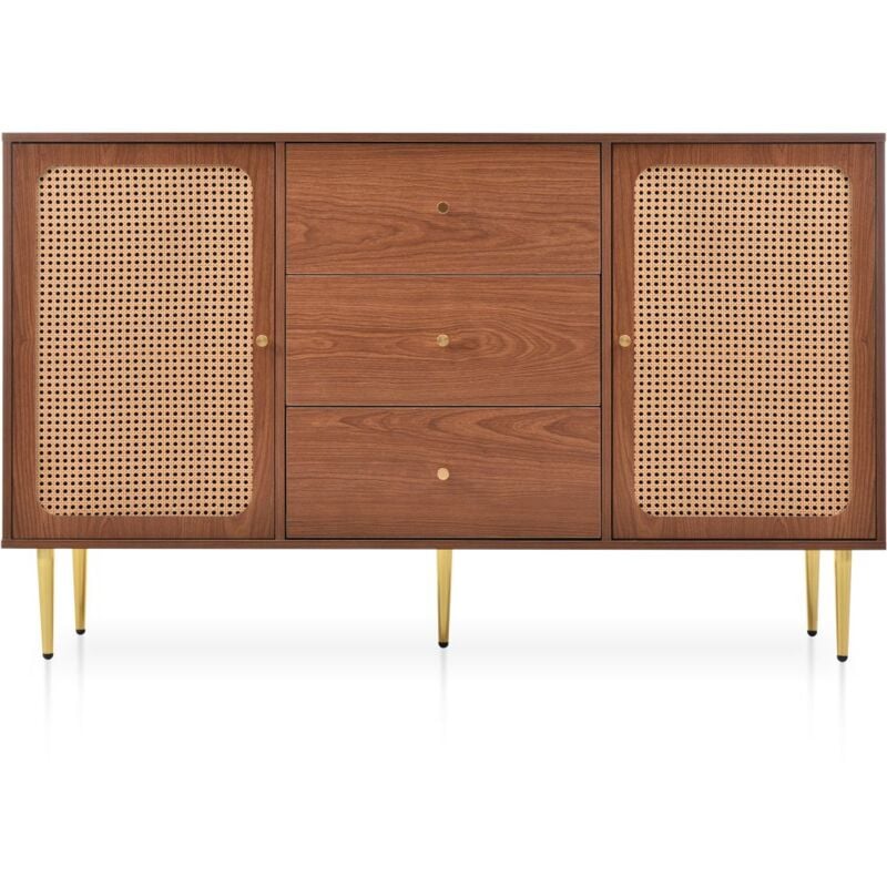 Commode 2 portes et 3 tiroirs, commode en rotin avec tiroirs, étagères réglables, noyer - H90xL150xP40 cm