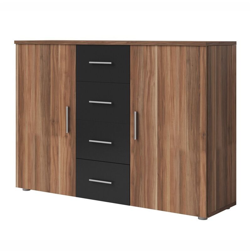 Commode 2 portes et 4 tiroirs 130cm. Collection irina couleur red wallnut et noir.