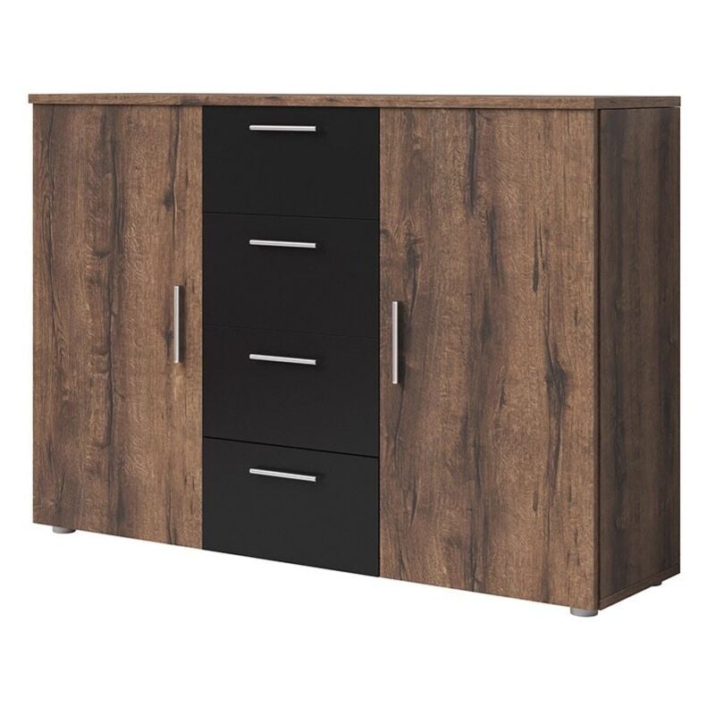 Meublorama - Commode 2 portes et 4 tiroirs 130cm. Collection irina imitation chêne foncé et noir.