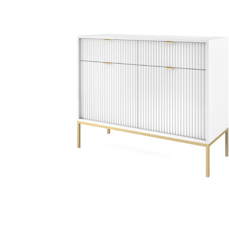Commode : 2 Tiroirs, 2 Portes, Blanc, or, 104 × 83 × 39 cm, poignées dorées