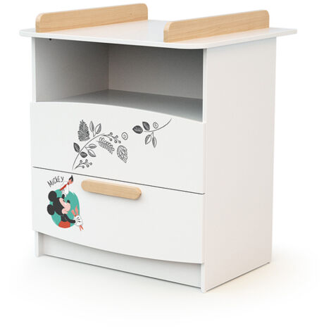 Commode 2 tiroirs avec plan à langer AT4 Disney Doodle Zoo Mickey Blanc et Hêtre