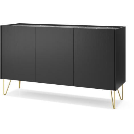 Commode : 3 portes, 6 étagères, noir graphite / marbre noir, 144 cm × 83 cm × 37 cm